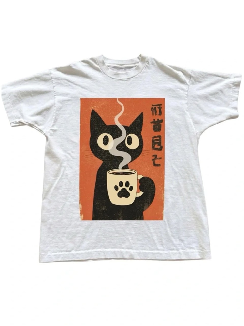 White Tee with Black Cat anime and Orange Panel